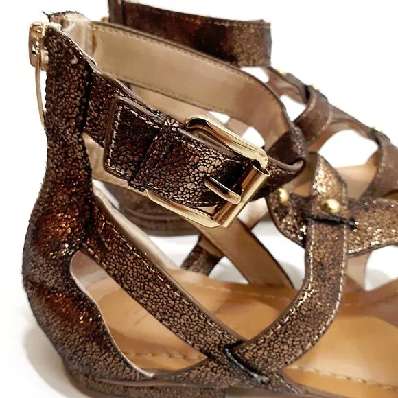 MARC FISHER Gladiator Sandals in Metallic Bronze Glitter with Gold Hardware - Picture 4 of 12